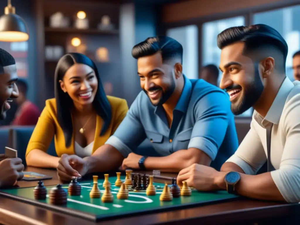 Emociones en juego: diversidad y estrategia en café de mesa Una intensa partida de juegos de mesa en una cafetería, reflejando emociones y estrategias