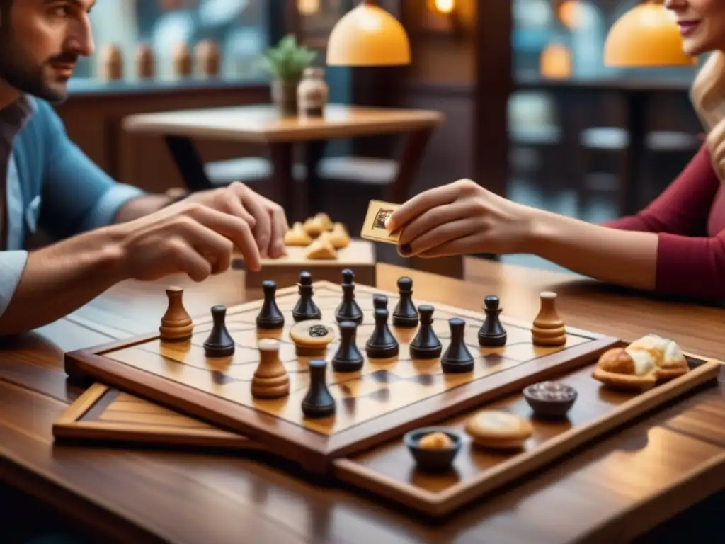 Intensa partida de juegos de mesa para café en un acogedor ambiente, con jugadores concentrados moviendo piezas rápidamente