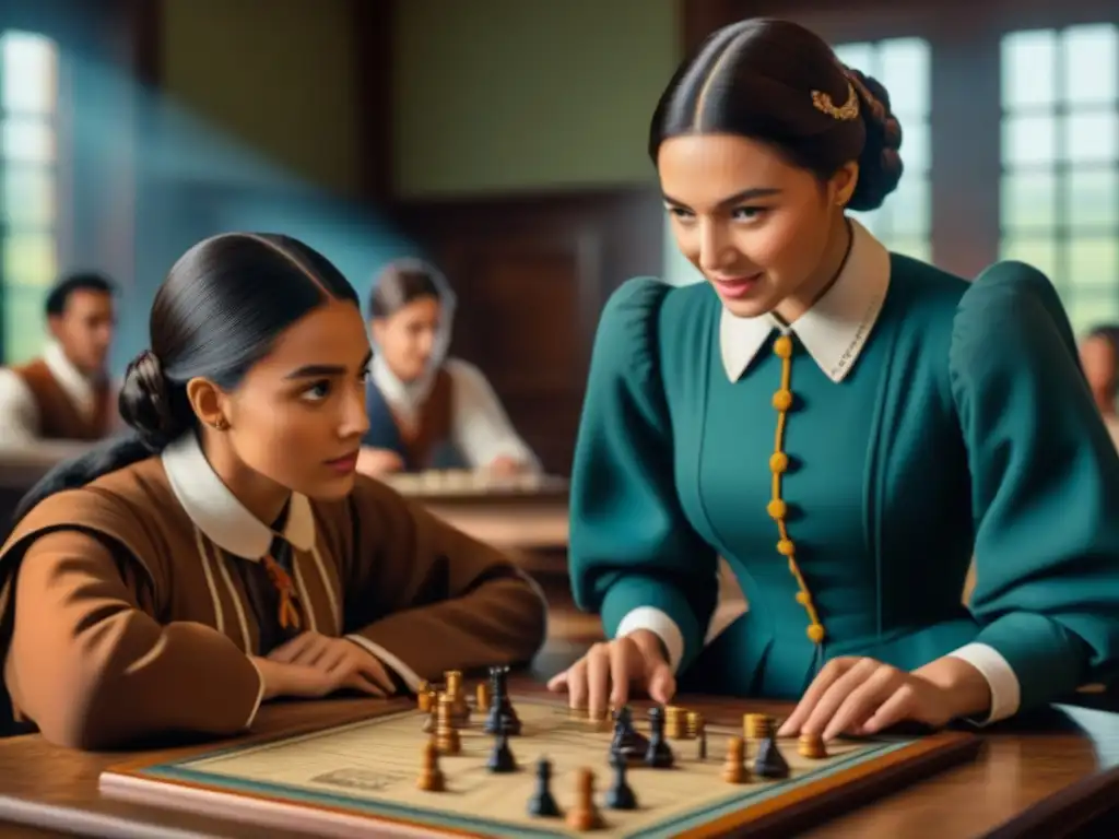 Intensa partida de juegos de mesa educativos historia entre estudiantes en un aula