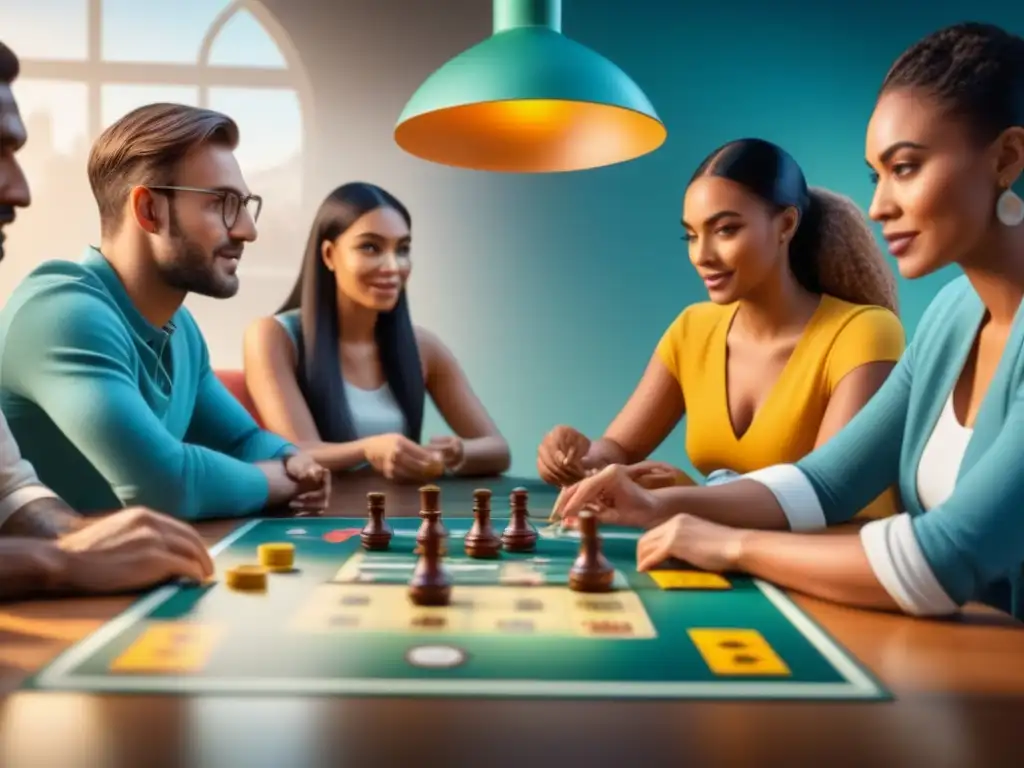 Una intensa partida de juegos de mesa entre personas diversas, fomentando relaciones internacionales