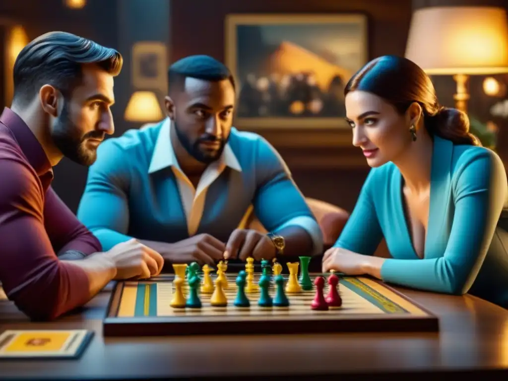 Una intensa partida de juegos de mesa con la personalidad revelada en las caras concentradas y emocionadas de un grupo de amigos