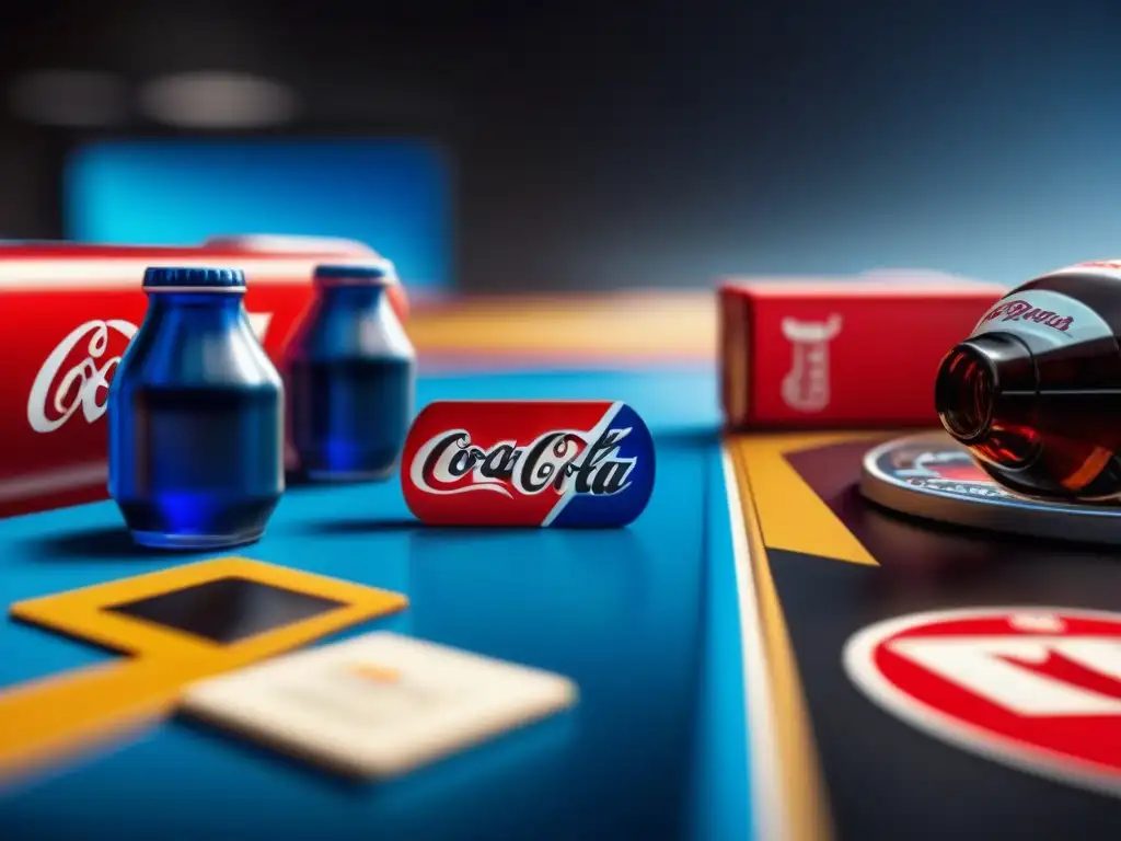 Intensa partida de juegos de mesa de bebidas entre personas concentradas en estrategias, rodeadas de tableros de CocaCola y Pepsi