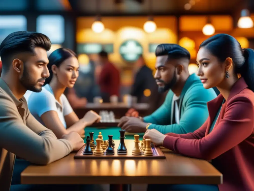 Una intensa partida de juegos de mesa en un café repleto de diversidad y emoción