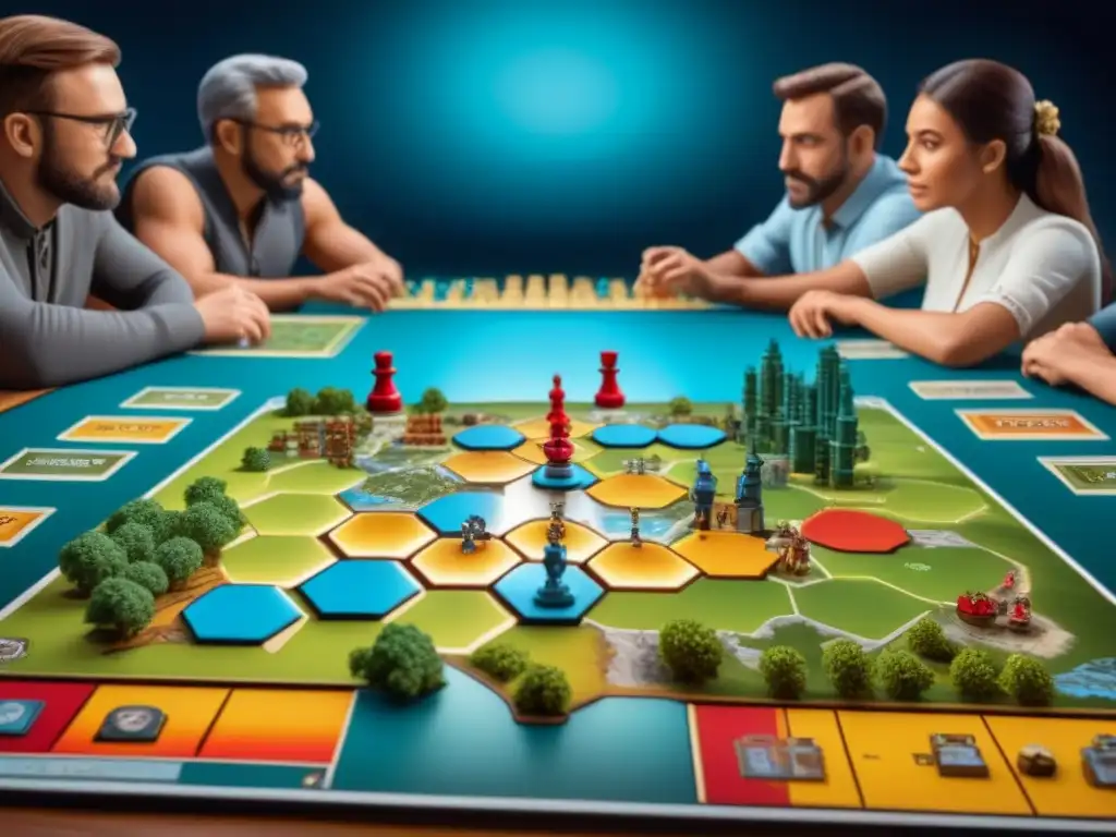 Una intensa partida de Catan con jugadores diversos, estrategia y emoción en una colección de juegos de mesa