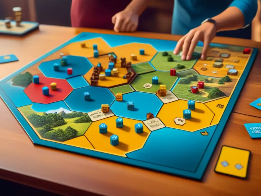 Intensa partida de Catan en mesa de madera con jugadores estratégicos y emocionados