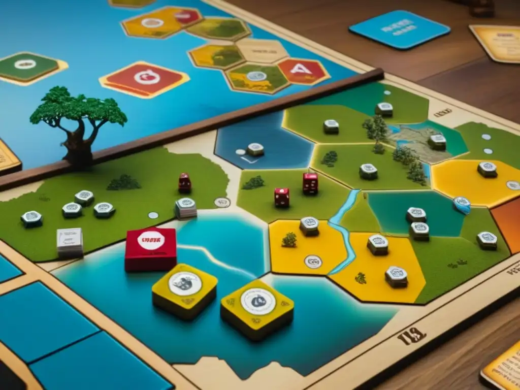 Intensa partida de 'The Settlers of Catan' con piezas estratégicamente colocadas, manos en movimiento y discusiones animadas