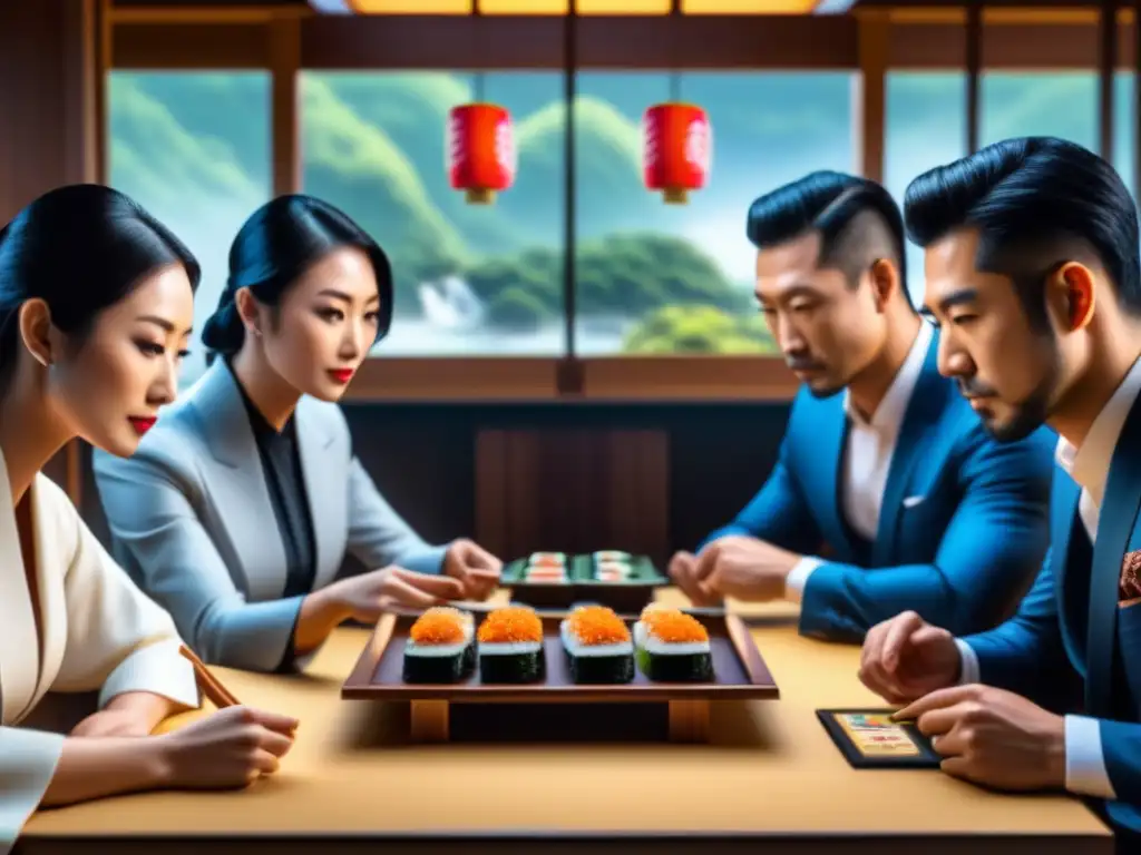 Una intensa partida de Sushi Go! con jugadores concentrados en el juego, mostrando la fusión de gastronomía y estrategia