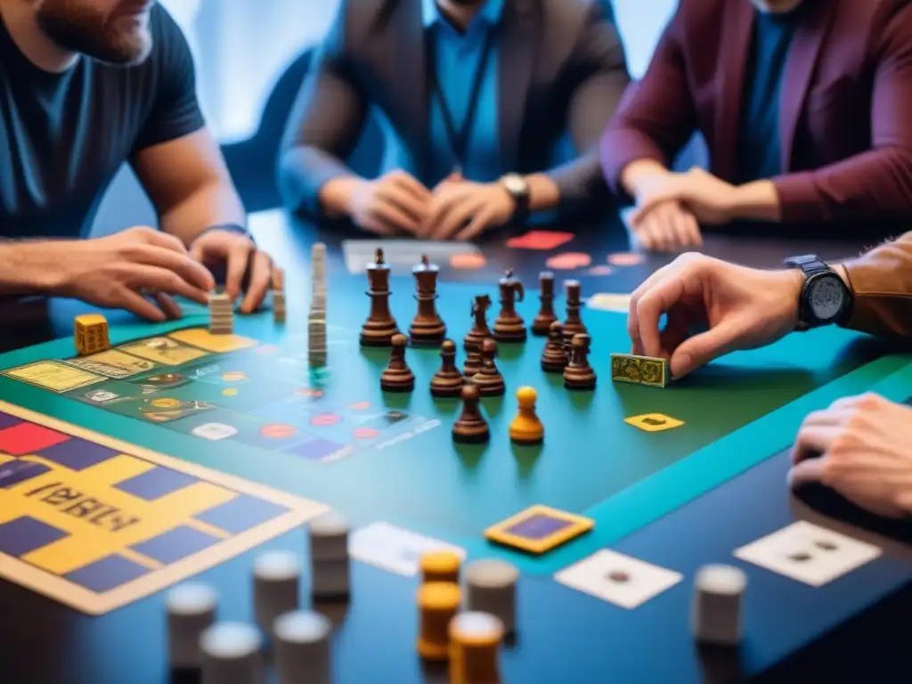 Una intensa sesión de diseño de juegos de mesa en Pinterest: diseñadores colaborando animadamente alrededor de bocetos y piezas de juego