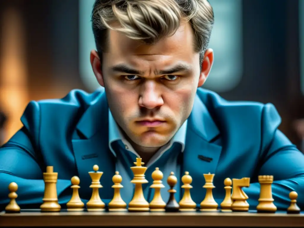 Intensa concentración de Magnus Carlsen en el tablero de ajedrez, destacando sus mejores estrategias como campeón mundial