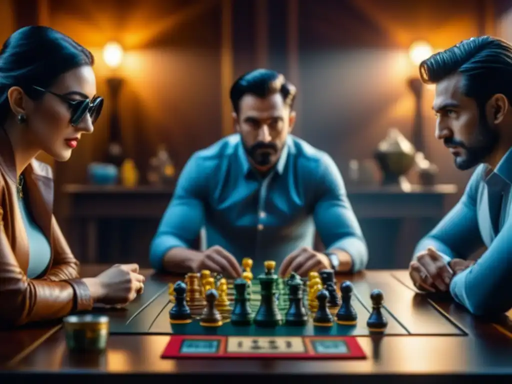 Intensa estrategia de juego en mesa: Boss Monster y diversión Intensas estrategias avanzadas Boss Monster entre gamers con snacks en ambiente dramático
