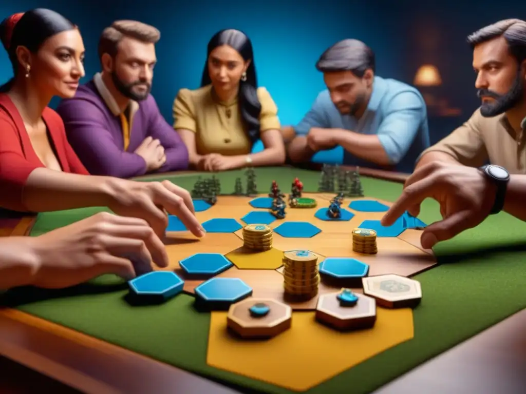 Intensa partida de Settlers of Catan: estrategia, emoción y competencia Intensas interacciones y estrategias en juego de mesa revelan psicología del juego de mesa