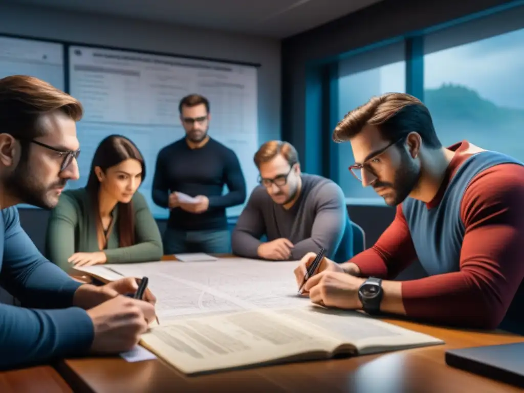 Reunión de Desarrolladores: Creando una Épica Aventura de Rol Intensas sesiones de desarrollo de trama en juegos de rol entre un equipo de creadores de juegos, rodeados de notas y mapas