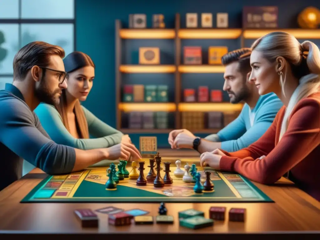 La intensidad y camaradería de un grupo de jugadores en un juego de mesa, rodeados de piezas y cartas