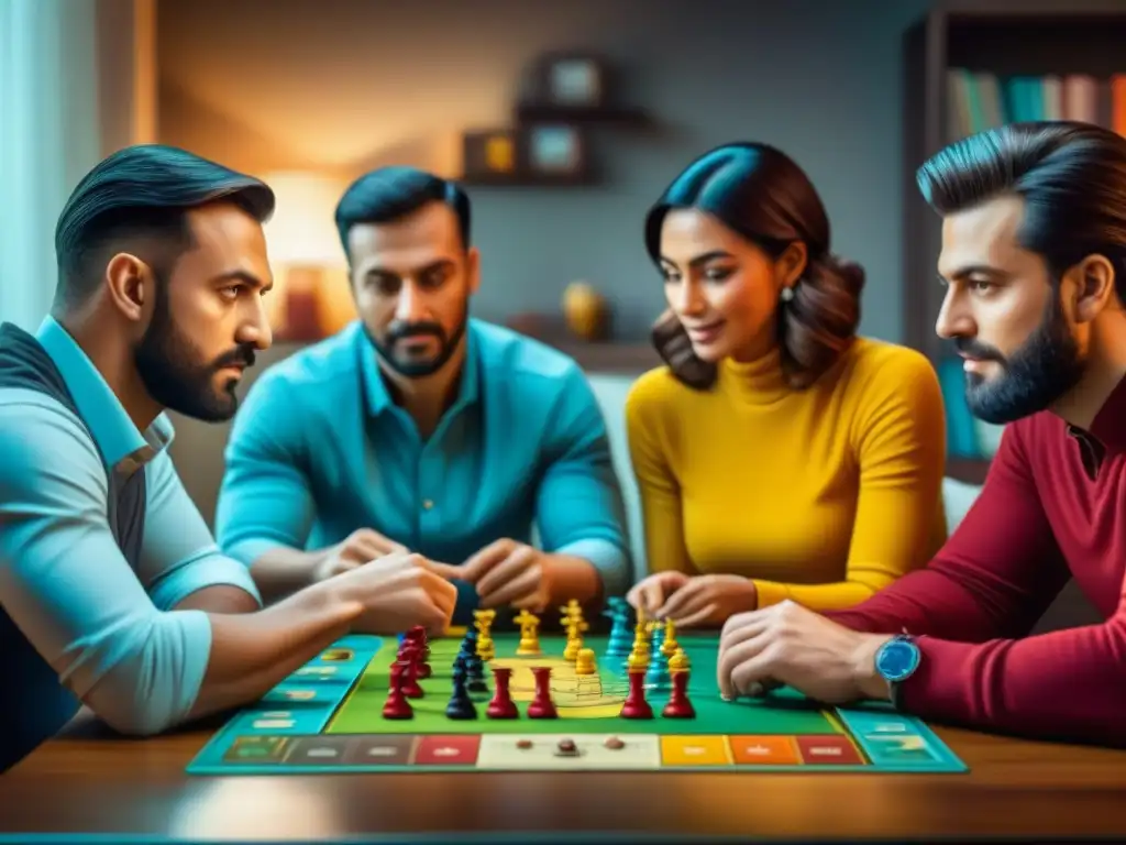 Emoción en juego estratégico de mesa: Catan diverso Intensidad y camaradería en un juego de mesa estratégico, mostrando la psicología del juego de mesa en una sala acogedora