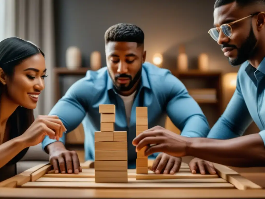 Intensidad y diversión en un juego de Jenga, con jugadores concentrados en una acogedora sala de estar