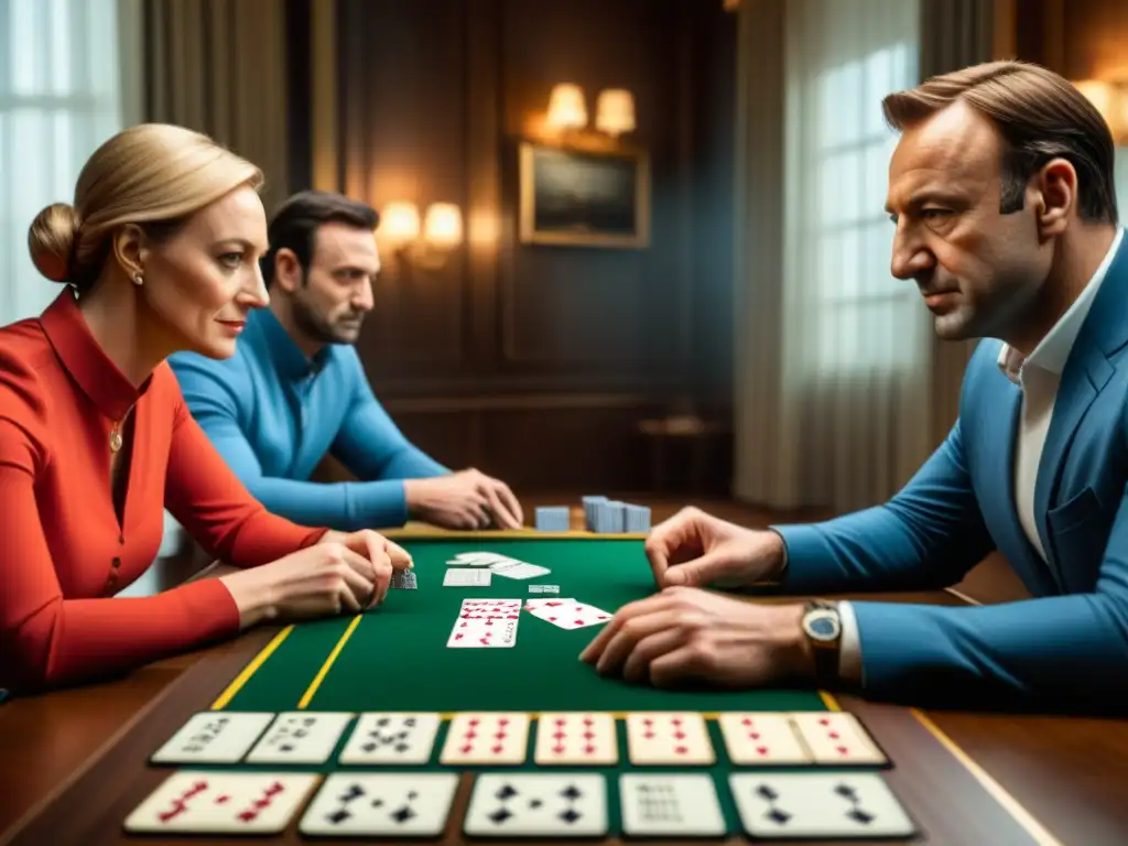 Intensidad y estrategia en el juego de mesa House of Cards, amigos concentrados y competitivos en partida