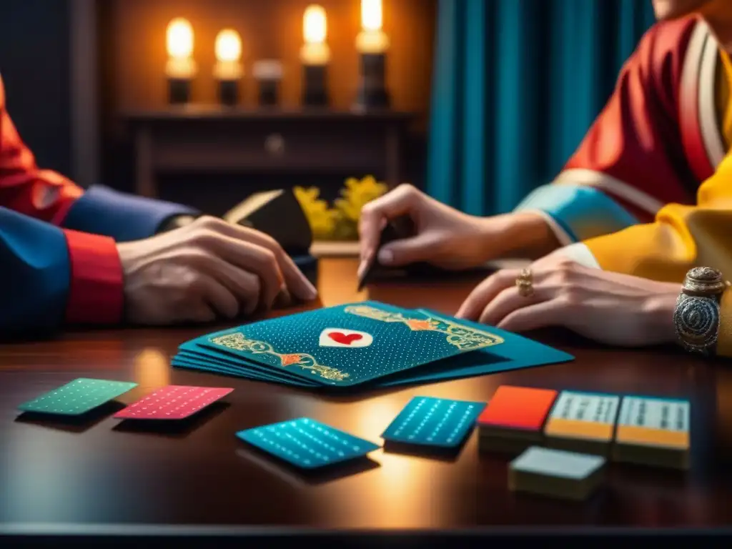 Intensidad en el juego de mesa Hanabi colaborativo: jugadores concentrados desvelando estrategias bajo una luz suave