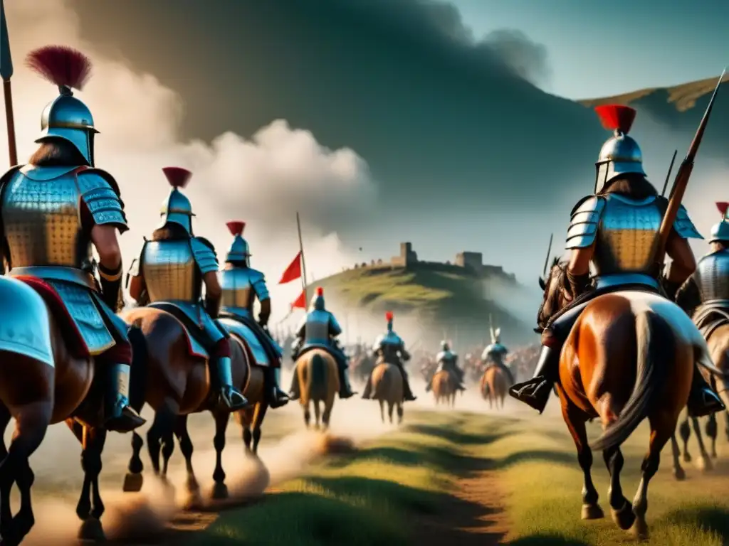 Intenso combate estratégico de antiguos guerreros en un campo de batalla histórico, destacando armaduras, armas y formaciones detalladas