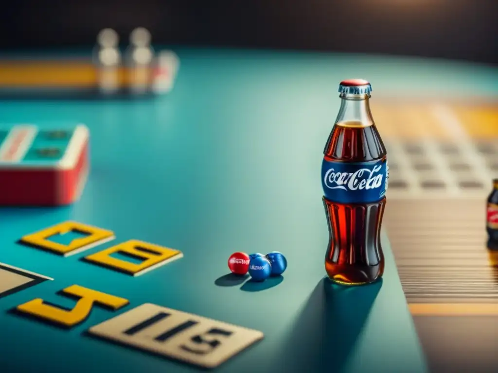 Un intenso duelo entre CocaCola y Pepsi en un juego de mesa vintage con piezas en forma de botellas y latas