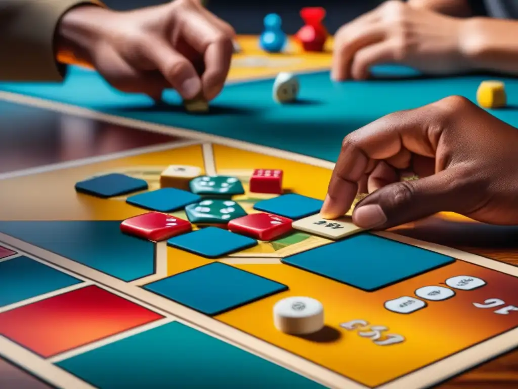 Intensa estrategia y diversidad en el juego de Catan Intenso juego de Catan con diversidad de expresiones: furrowed brows y miradas pensativas
