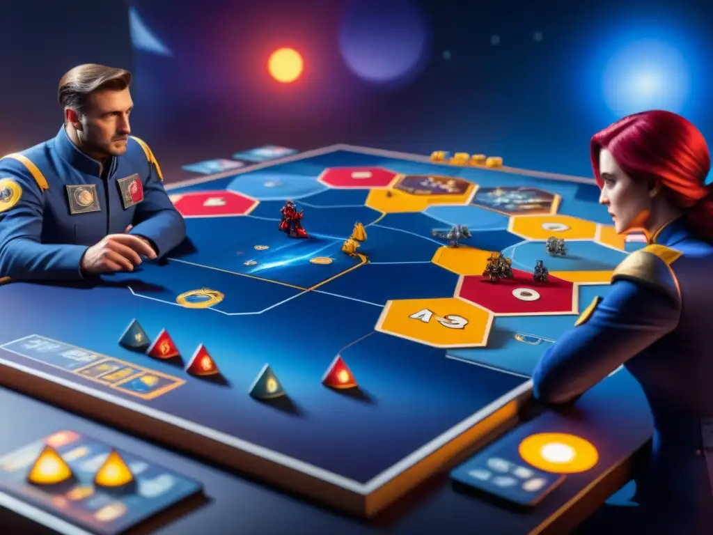 Un intenso juego de estrategias galácticas Twilight Imperium, jugadores concentrados en un tablero detallado lleno de planetas y naves