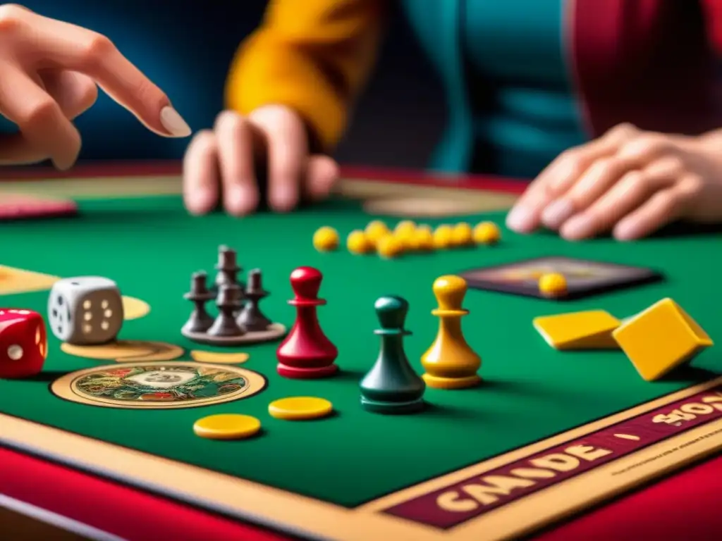 Intenso juego de mesa con accesorios para mejorar experiencia juegos, jugadores concentrados moviendo piezas coloridas