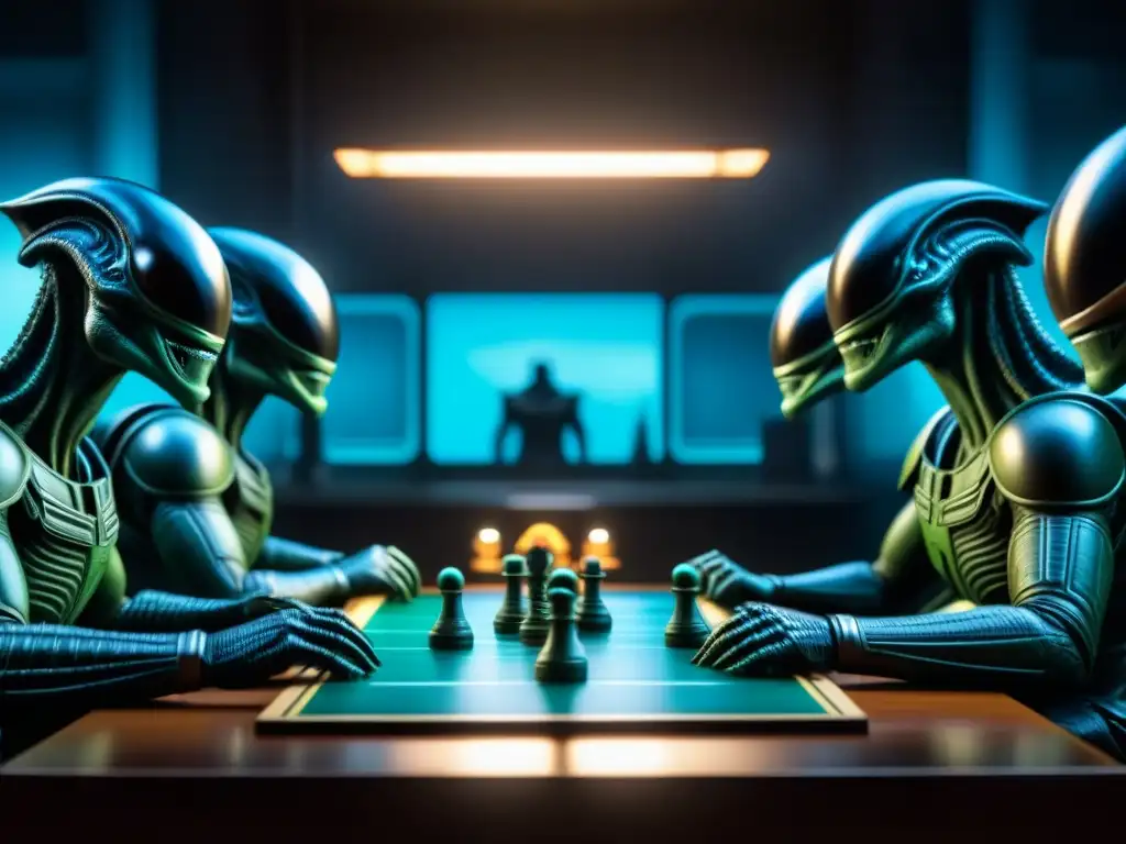 Un intenso juego de mesa Alien suspense: jugadores en tensa estrategia alrededor de una mesa iluminada por la luz tenue del juego