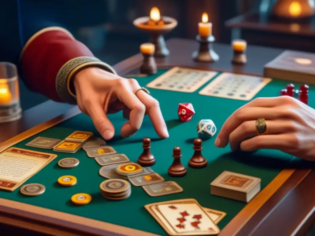 Juego de El Señor de los Anillos: Estrategia y emoción en partida épica Intenso juego de mesa de 'El Señor de los Anillos' con estrategias para ganar, manos concentradas y atmósfera de noche de juegos