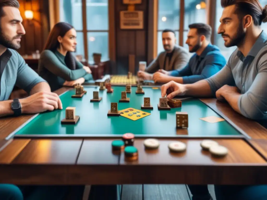 Intenso juego de mesa en café, estrategias venta juegos mesa, ambiente acogedor y competitivo