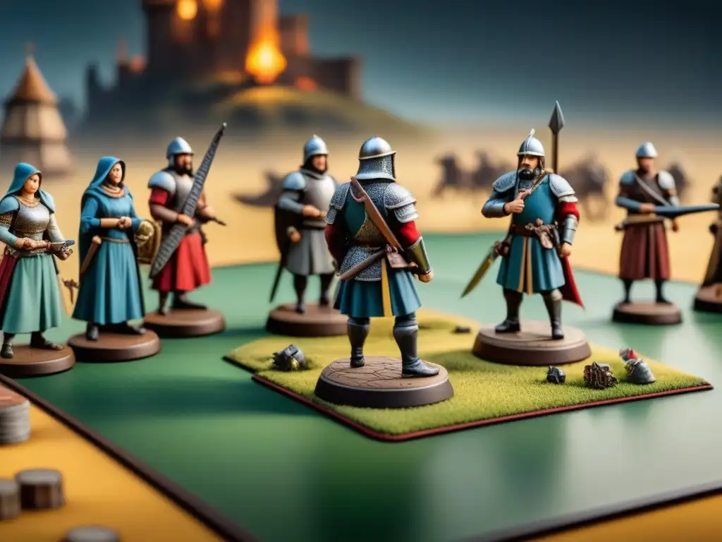 Un intenso juego de mesa estratégico en un campo de batalla medieval con miniaturas de soldados y caballeros