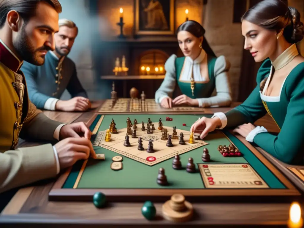 Un intenso juego de mesa histórico en un castillo medieval, con jugadores concentrados rodeados de artefactos antiguos y luz de velas