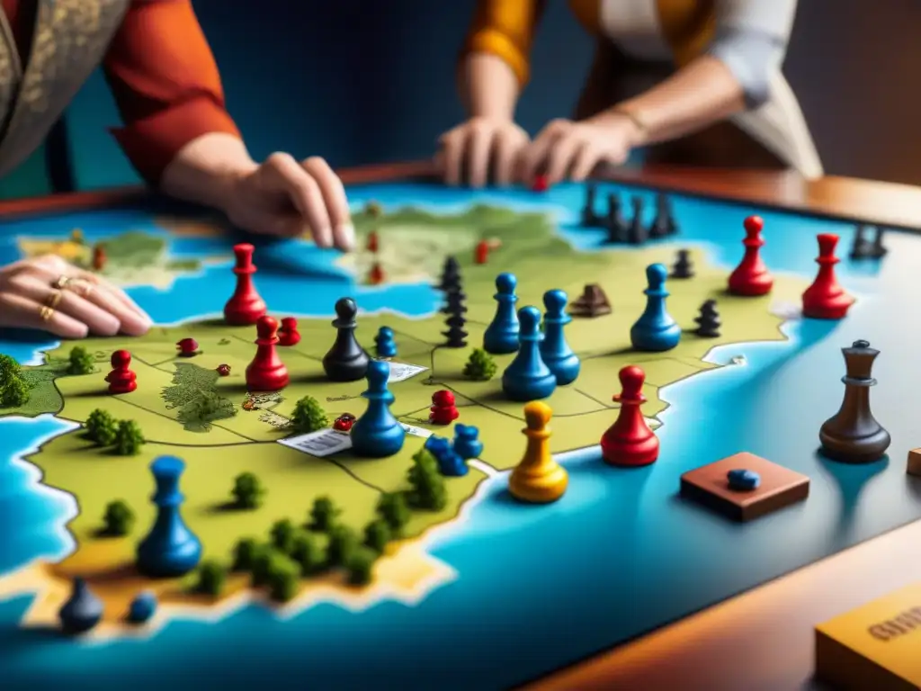 Un intenso juego de mesa Risk con jugadores estratégicos conquistando territorios