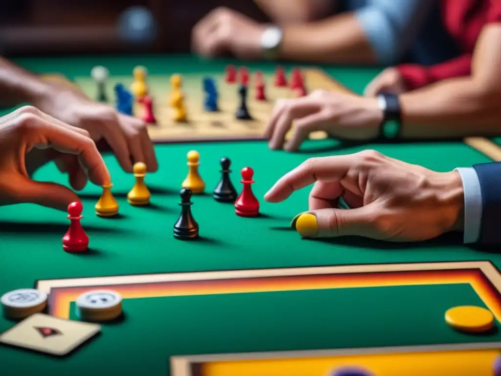 Intenso juego de mesa con jugadores concentrados en estrategias
