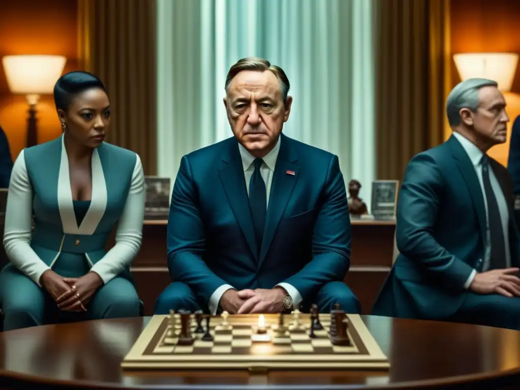 Un intenso juego de mesa House of Cards en una sala llena de intriga política y estrategia, con jugadores determinados