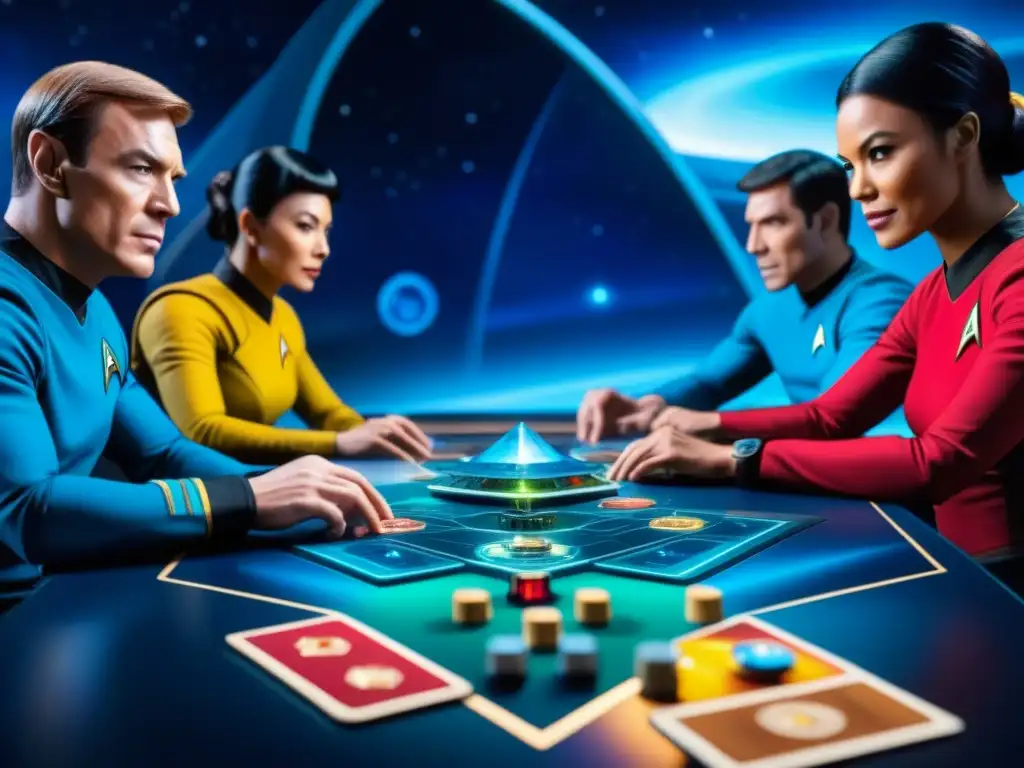 Un intenso juego de 'Star Trek: Catan' con jugadores estrategas y emocionados en un ambiente futurista