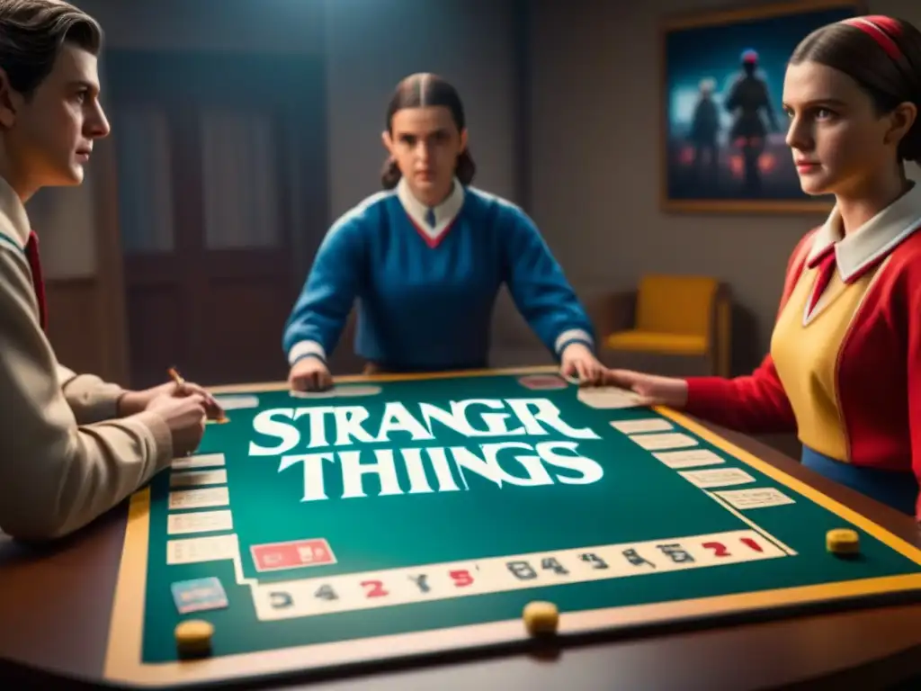 Intenso proceso creativo del juego de mesa 'Origen Stranger Things', con diseñadores rodeados de bocetos y materiales de referencia