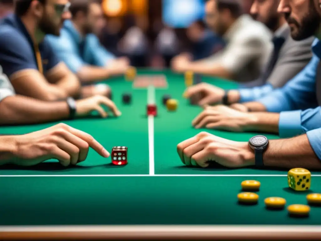 Un intenso torneo mundial de juegos de mesa: jugadores concentrados en su estrategia rodeados de fichas y cartas