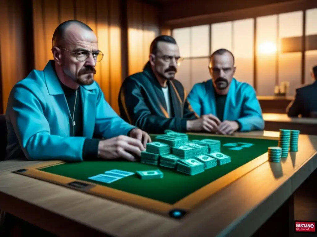 Intensos jugadores planeando estrategias en 'Breaking Bad: El Juego de Mesa', rodeados de dinero y laboratorios, recreando la atmósfera del juego