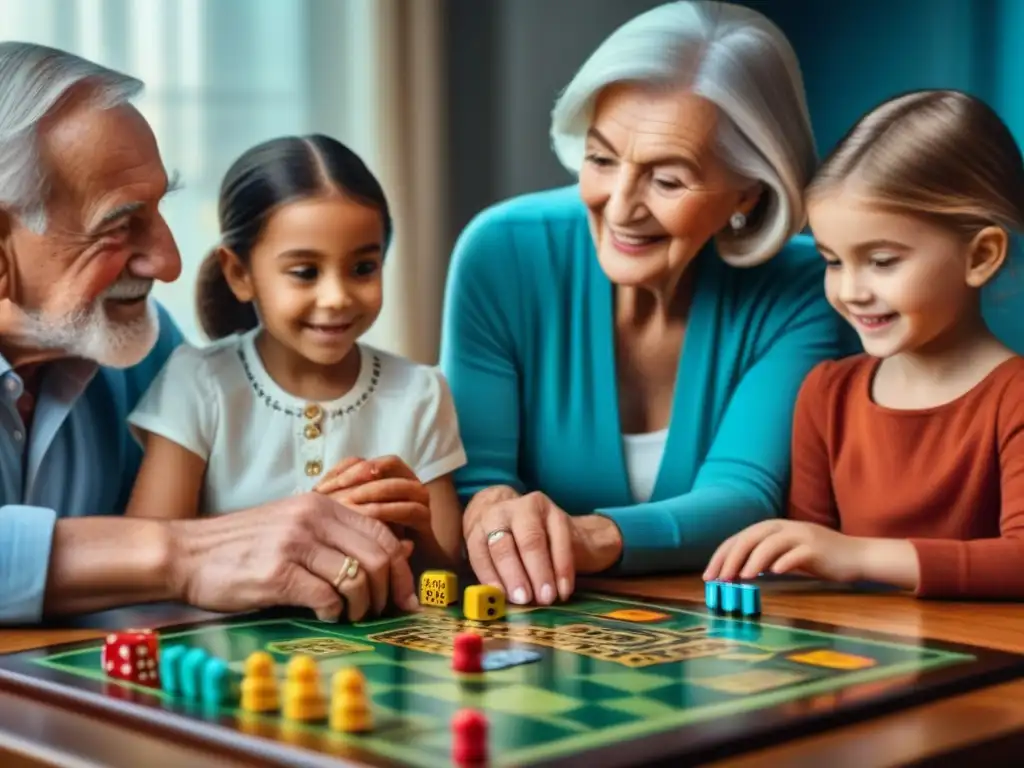 Interesante escena familiar de tres generaciones disfrutando un juego de mesa, mostrando la importancia de los juegos de mesa familiares