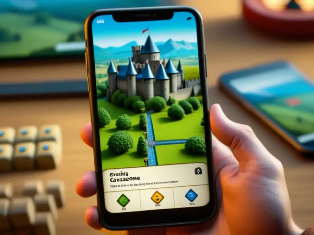 Interfaz detallada de la app Carcassonne en smartphone mostrando estrategias de juego