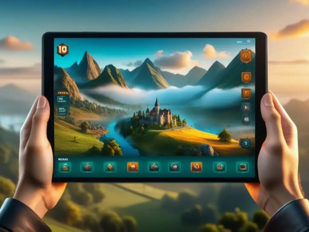 Interfaz de usuario de juegos de mesa digitales en tablet con gráficos vívidos y detallados, creando un mundo de fantasía