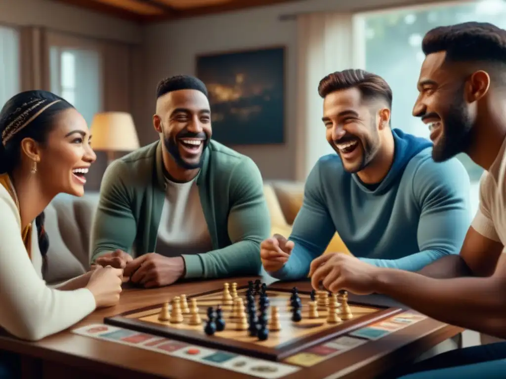 Una íntima sesión de juegos de mesa móviles conexión social entre amigos, riendo y disfrutando juntos en una acogedora sala iluminada