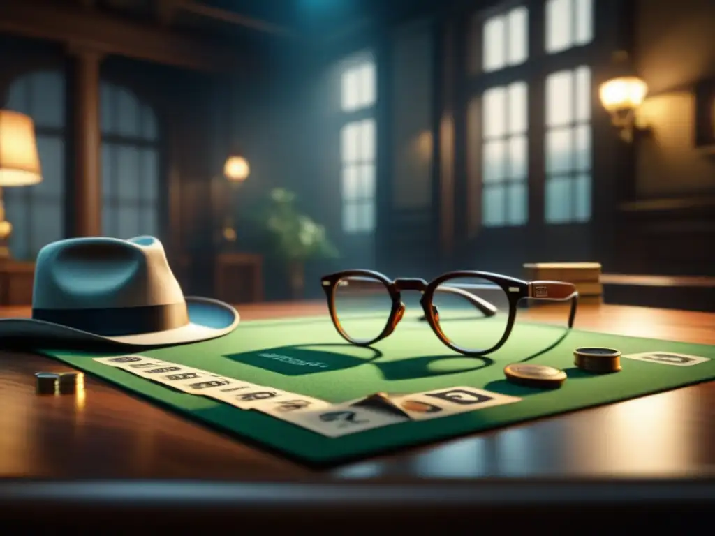 Intrigante escena de un juego de mesa Clue vintage en una mesa de madera, rodeado de elementos detectives y periódicos antiguos