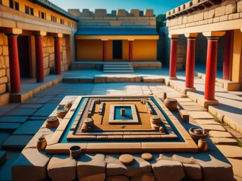 Intrincada arquitectura y pasadizos en las ruinas antiguas de Knossos, con juegos de mesa y misteriosa historia