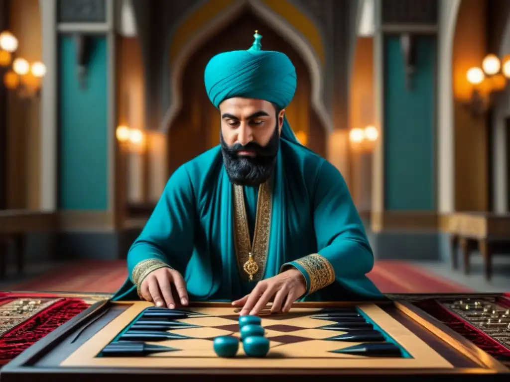 Intrincada escena de realeza persa jugando backgammon en un palacio lujosamente decorado, transportando a la historia del backgammon a fondo