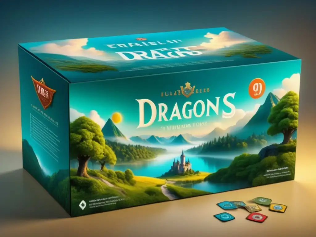 Intrincado diseño de empaquetado en juegos de mesa, con ilustraciones vibrantes de dragones y caballeros en un mundo de fantasía