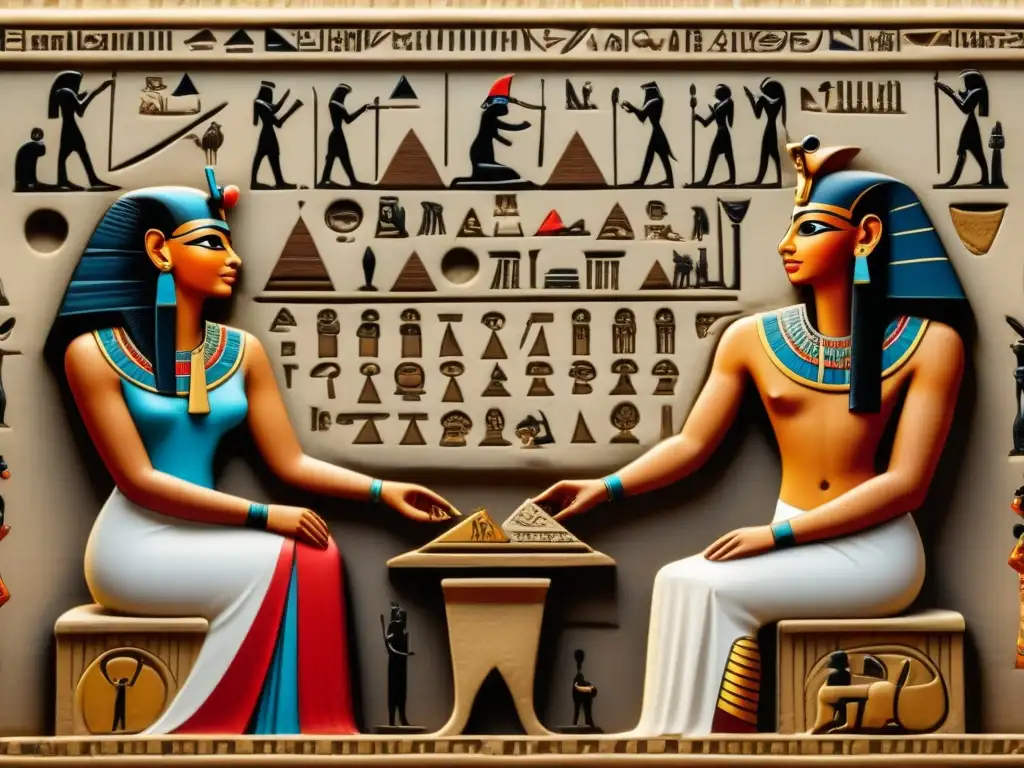 Intrincados jeroglíficos egipcios representando juegos de cartas, iluminados por cálida luz, evocando la historia de los juegos de cartas en Egipto