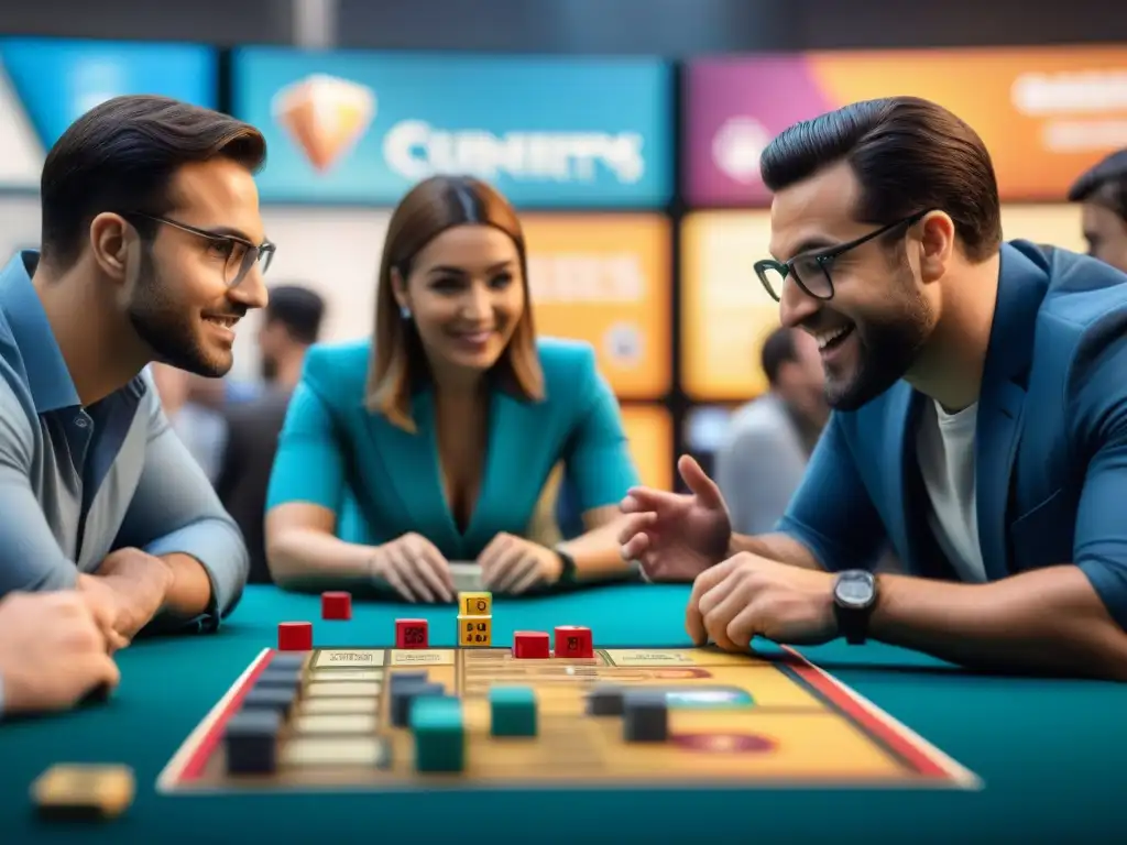 Inversores examinando prototipo de juego de mesa en convención, con expresiones de emoción y curiosidad