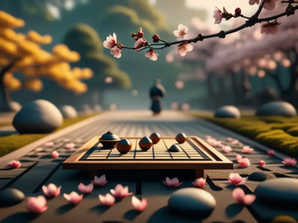 Un jardín japonés tranquilo con un tablero de Go tradicional rodeado de cerezos en flor