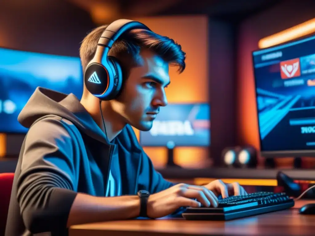 Joven gamer concentrado en pantalla, ambiente de juegos competitivos